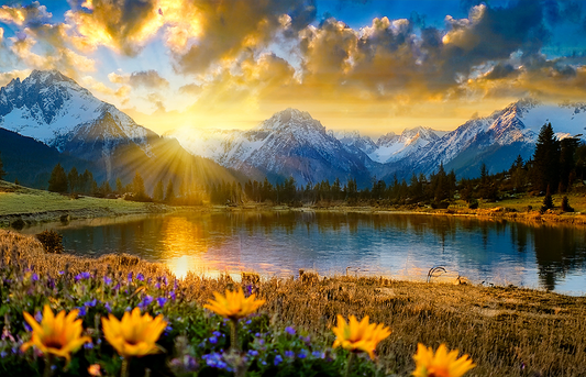 Sunlit Mountain Reflections Canvas Wall Art – Alpine Lake & Sunset Landscape