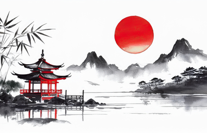 Temple of the Rising Sun Canvas Wall Art – Japanese Zen Landscape with Pagoda & Red Sun