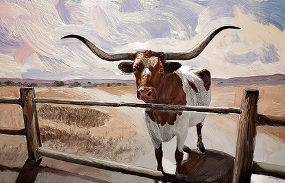 Texas Longhorn on the Ranch – Rustic Animal Canvas Wall Art