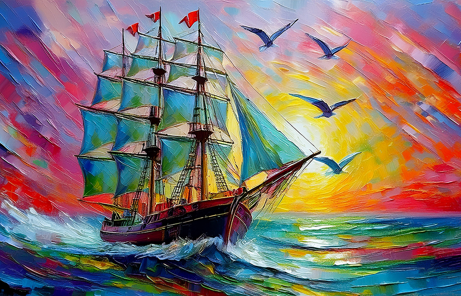 Colorful Sailing Ship Canvas Wall Art – Vibrant Ocean Sunset Painting