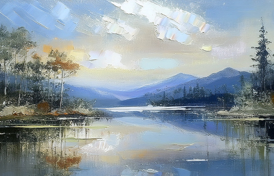 Tranquil Blue Lake Canvas Wall Art – Textured Mountain & Forest Painting