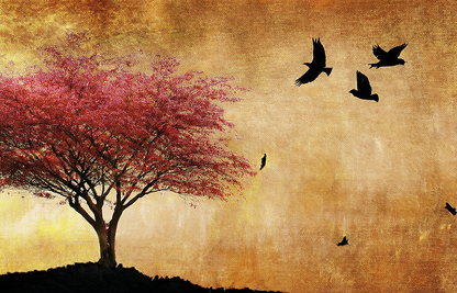 Golden Sunset Canvas Wall Art – Red Tree & Flying Birds
