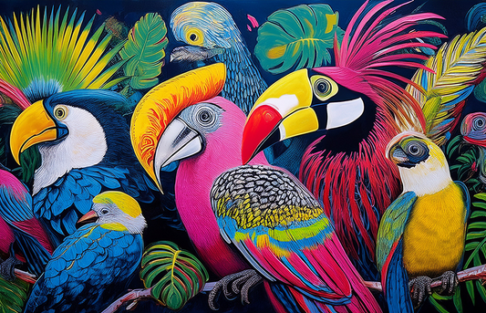 Tropical Chorus – Exotic Bird Illustration with Jungle Vibes and Bold Detail