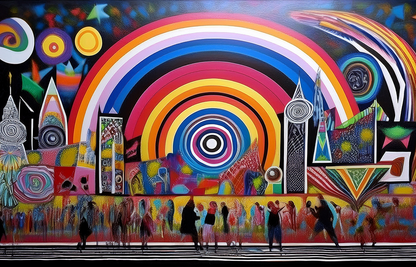 Rainbow Pulse – Abstract Cityscape with Concentric Energy and Urban Motion