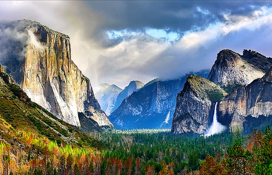 Valley of Light Canvas Wall Art – Majestic Mountain & Waterfall Landscape