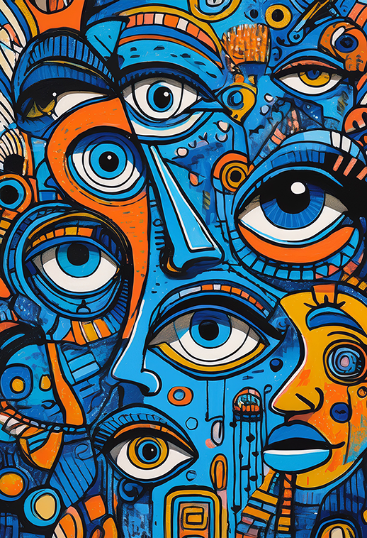 Voices of the Crowd – Abstract Blue and Orange Eye Canvas Wall Art