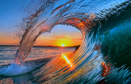 Wave Tunnel Sunset Canvas Wall Art – Ocean Wave & Coastal Sunset Photography