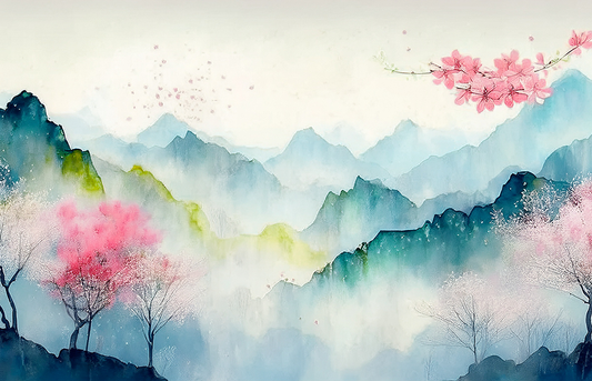 Whispers of Spring Canvas Wall Art – Watercolor Mountains & Cherry Blossom Landscape