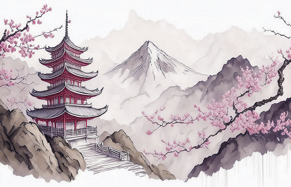 Whispers of the Pagoda – Zen Japanese Mountain Landscape Canvas