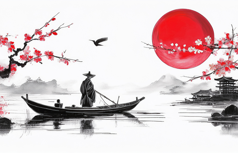 Whispers of the Red Sun – Zen Japanese Boat & Sakura Canvas
