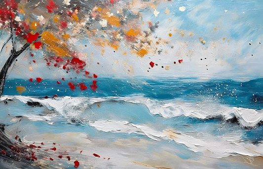 Whispers of the Shore Canvas Wall Art – Abstract Coastal Waves & Autumn Tree Painting