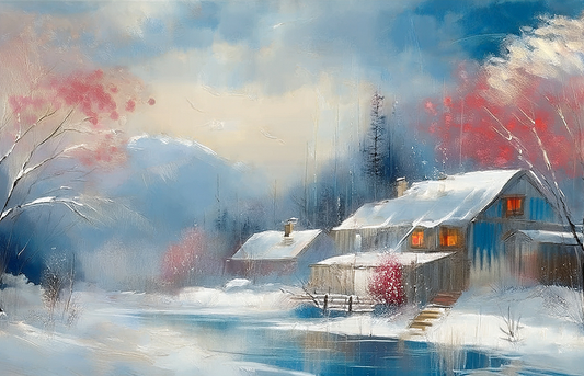Winter Serenity Canvas Wall Art – Snowy Mountain Cabin & Lake Painting