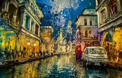 City Night Canvas Wall Art – Vibrant Street Lights and Reflections