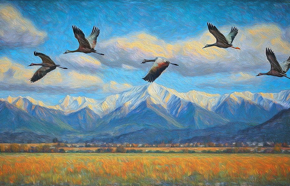 Flight of the Cranes Canvas Wall Art – Majestic Mountain Landscape